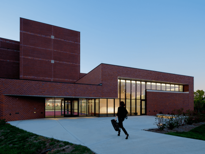 KU Lied Center exterior in evening